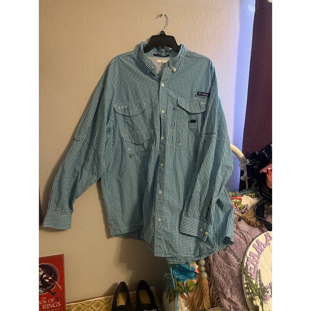 Columbia PFG Super Bonehead Shirt XL Blue Check Fishing Button Up Vented Long Sl